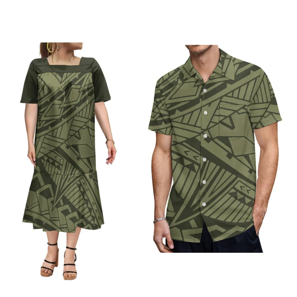 

2024 New Couple Clothing Polynesian Women's Dress Men's Shirt Custom Mumu Fishtail Dress Temperament Banquet Dress