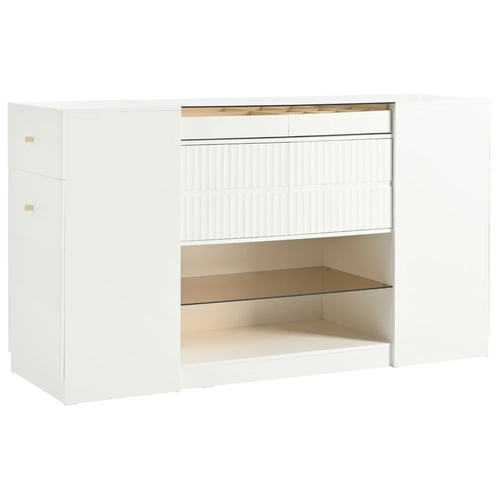 

Modern Luxury Multi-Functional Island Vanity Dresser and Storage Cabinet with Glass Tabletop, Display Shelf,6 Drawers