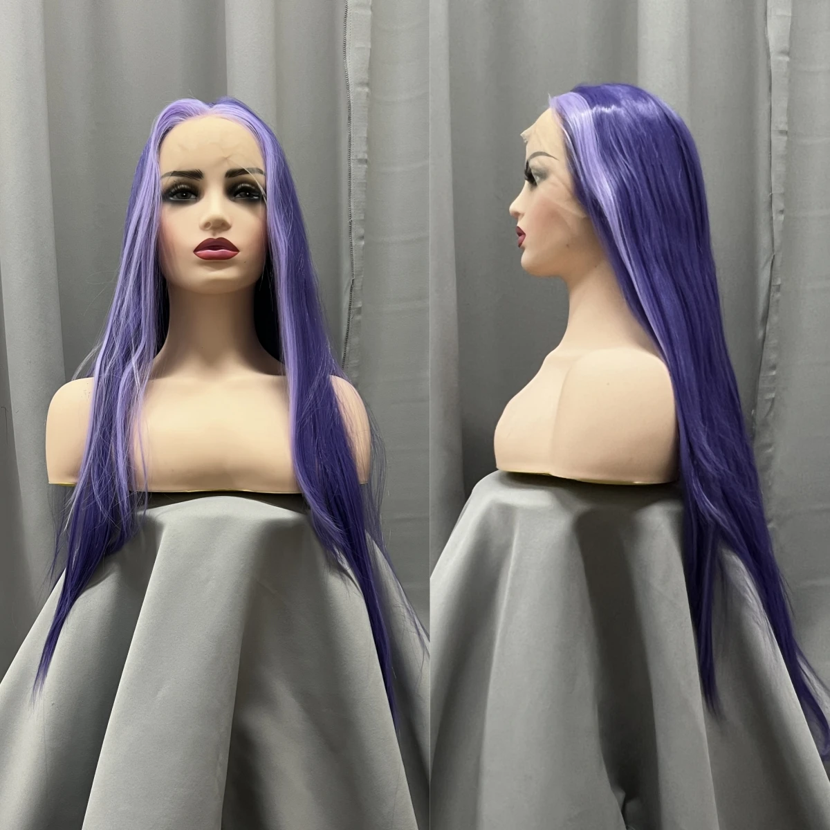 OLEY Long Straight Purple Stitching Synthetic Wig Cosplay Party Two-Tone Wig Transparent Lace Natural Hair Line 180 Density