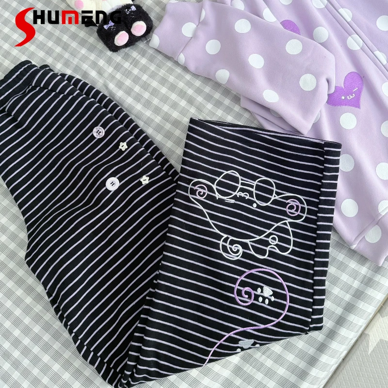 

Japanese Rojita Style Original Black And Purple Bunny Fleece-Lined Pants Cute Subculture Embroidered Casual Loose Trousers Women