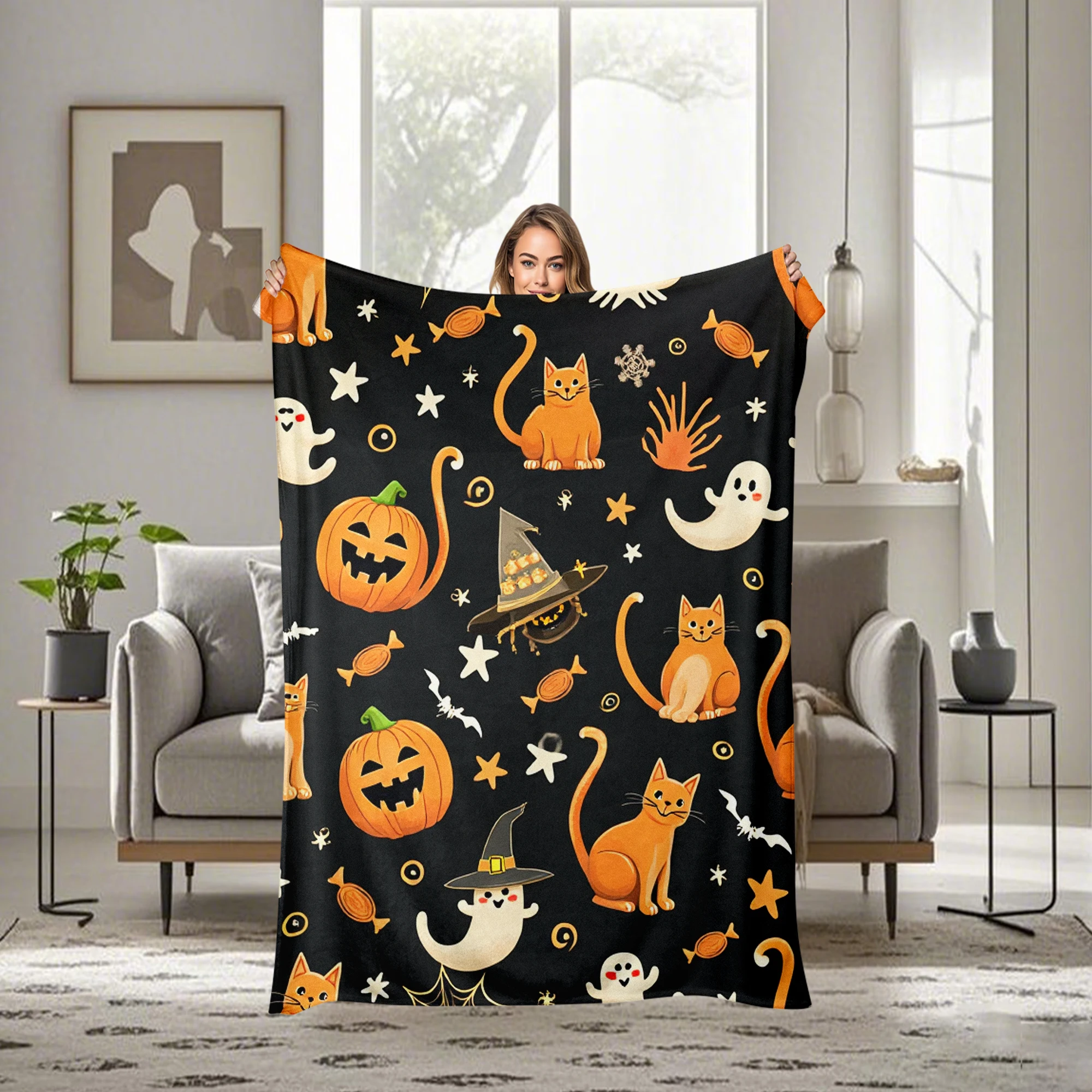 Halloween Flannel Throw Blanket Suitable for All- Cozy Bedspread with Playful Orange Cats, Ghosts & Jack-o'-Lanterns on Black -
