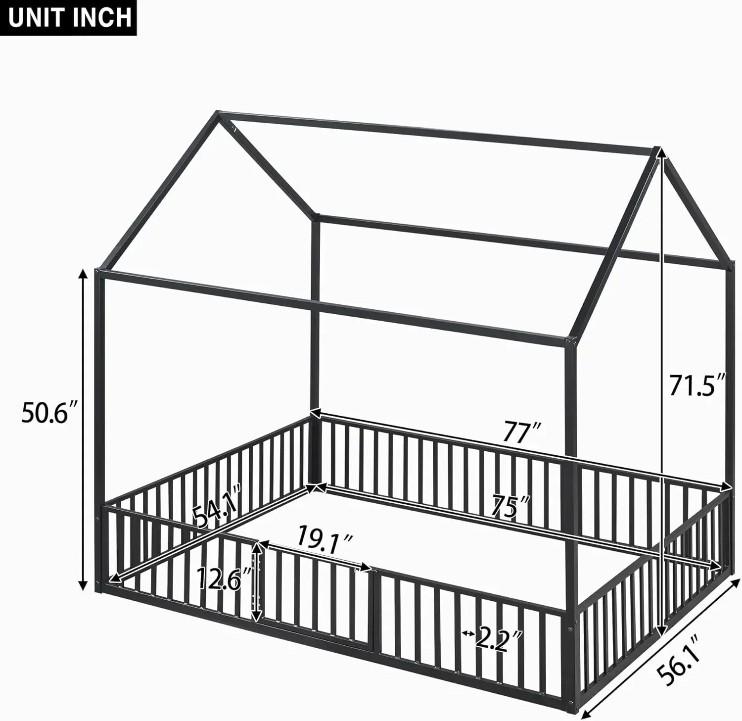 Metal Montessori Bed Full Size Montessori with Roof/House Bed for Kids, Girls Boys Full Floor Black