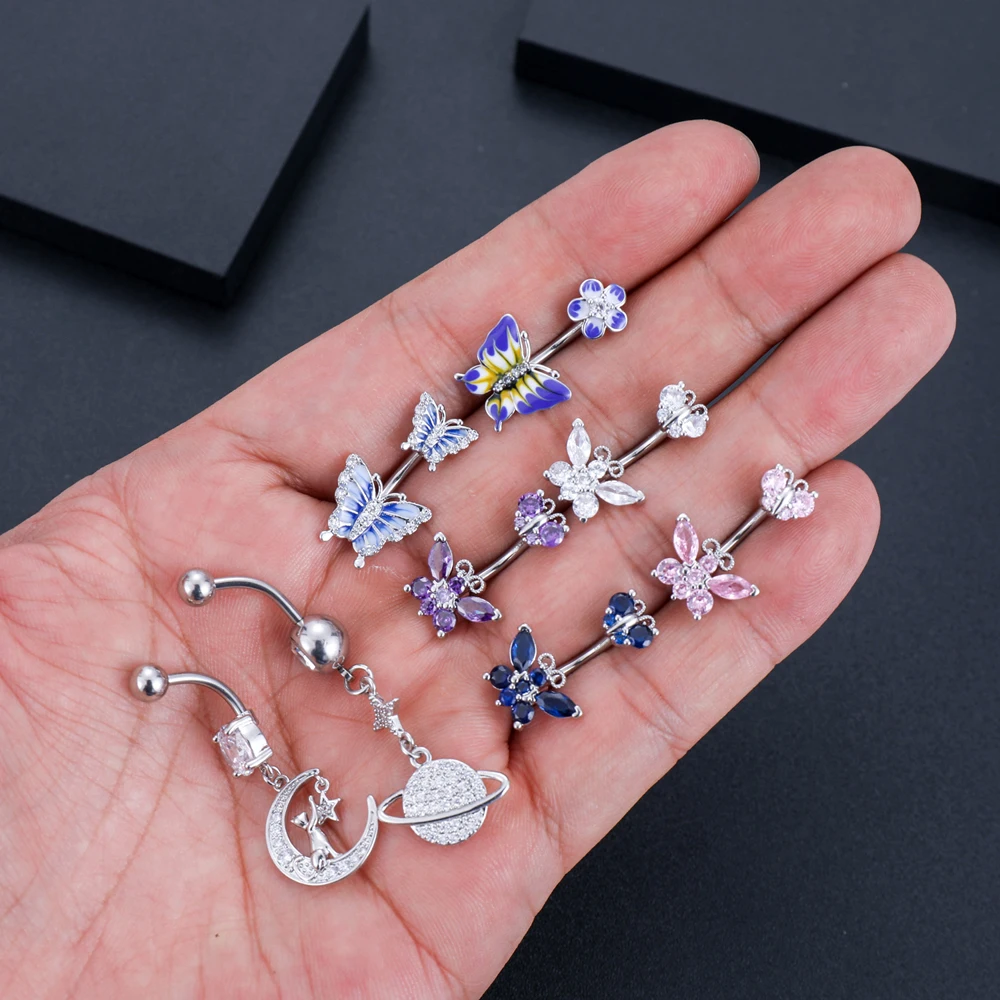 1 Stück Goldfarbener Kristall-CZ-Bauchnabelpiercing Schmetterling Biene Edelstahl Gebogener Bauchnabelring 14G Hängender Bauchnabelpiercing-Ring – Detail 9
