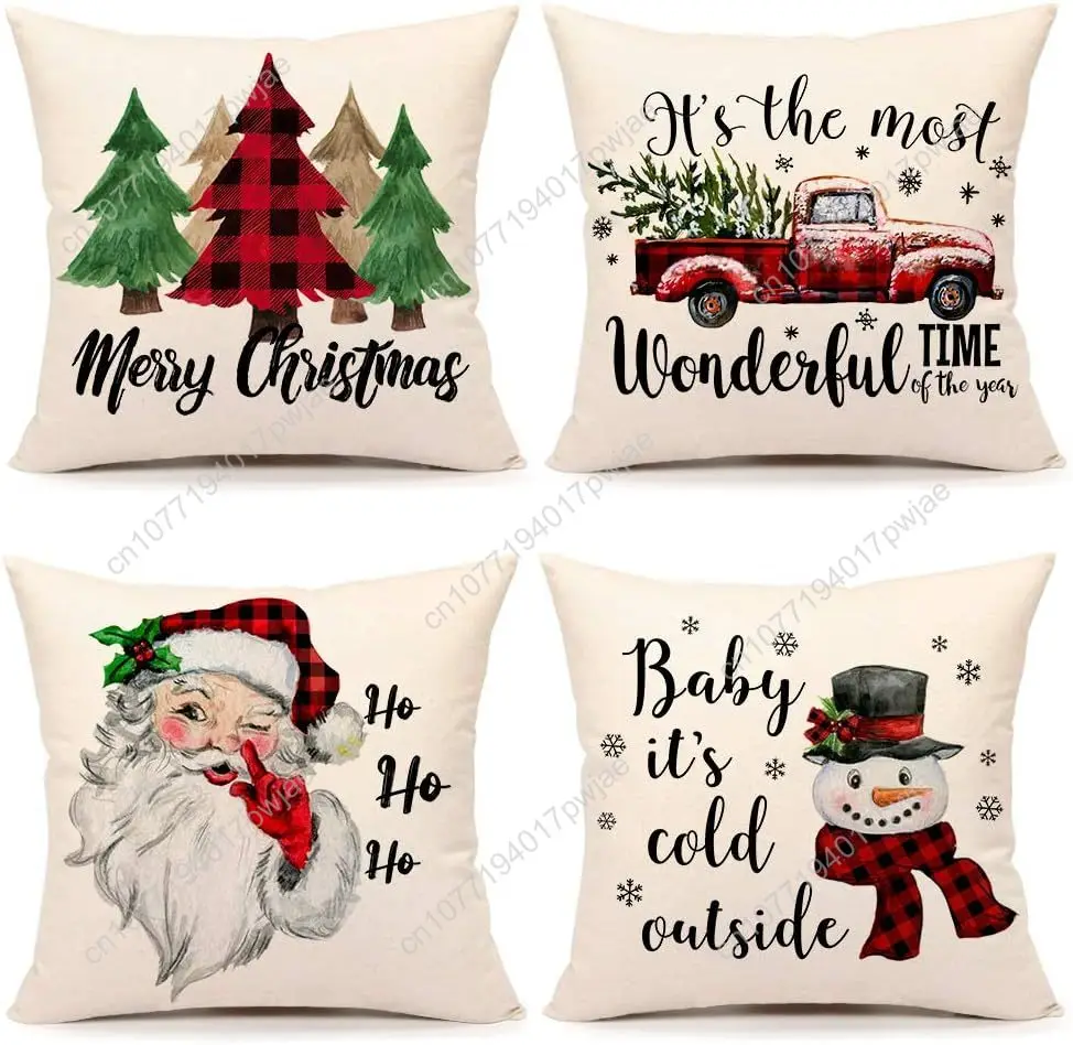 

4TH Emotion Christmas Pillow Covers 18x18 Set of 4 Farmhouse Christmas Decor Red Black Buffalo Plaids Winter Holiday Decorations
