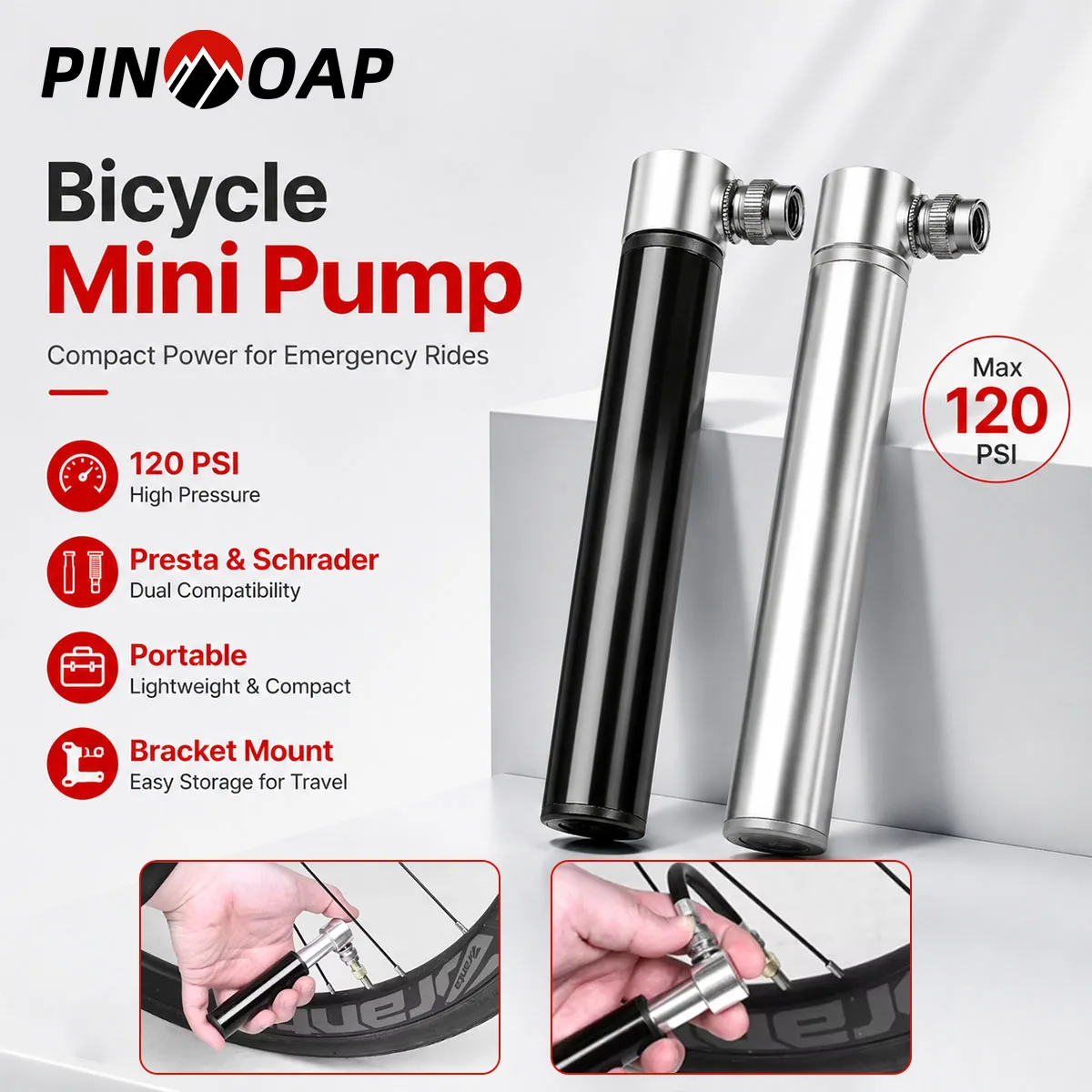 PINMOAP 1 Stück Leichte Fahrrad-Minipumpe Tragbarer Hochdruck-Reifenfüller für Presta- und Schrader-Ventile MTB Rennrad Reparatur – Detail 1