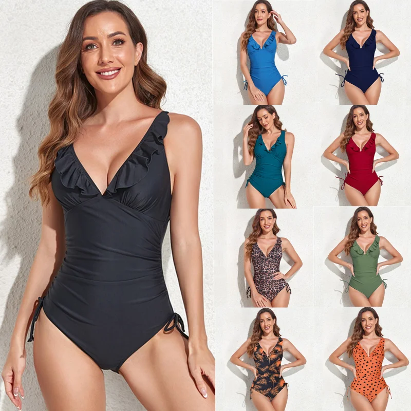 

Island Goddess Ruffle One-piece Swimsuit Women V Neck Ruched Tummy Control Bathing Suits High Cut Swimwear Slimming Monokini