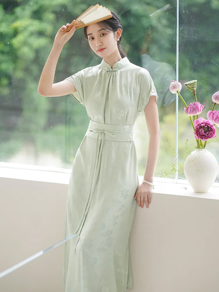 

Ele Long Silk Dr Women's New Chinese Sle High Waist Design Summer een Color Commute Faion Retro Collar Dr