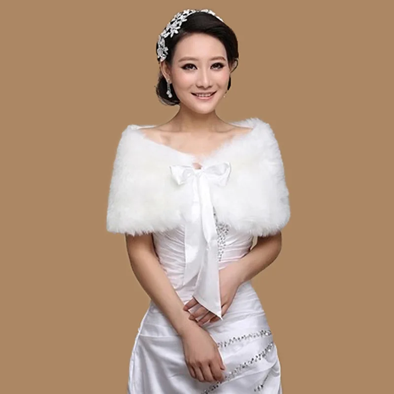 Simple Wedding Jacket Bridal Accessories Thickened Faux Fur Shawl Adult Off The Shoulder Dress Cloak Bow Strapes Bunquet Cape