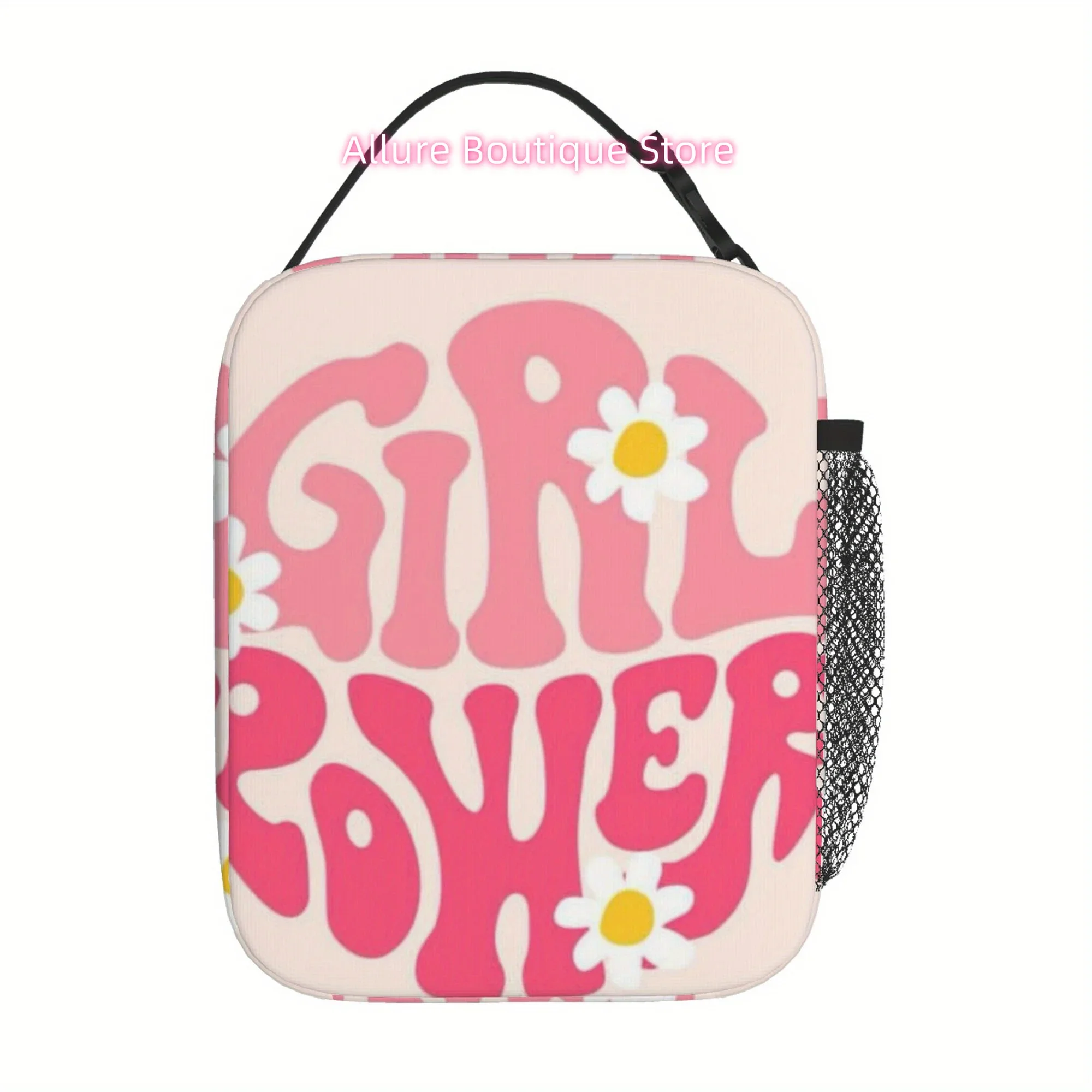 1pc Power Daisy & Feminist Slogan Thermal Insulated Bag - Pink & White Reusable Cooler with Power Logo, Portable for,1 Picnic -