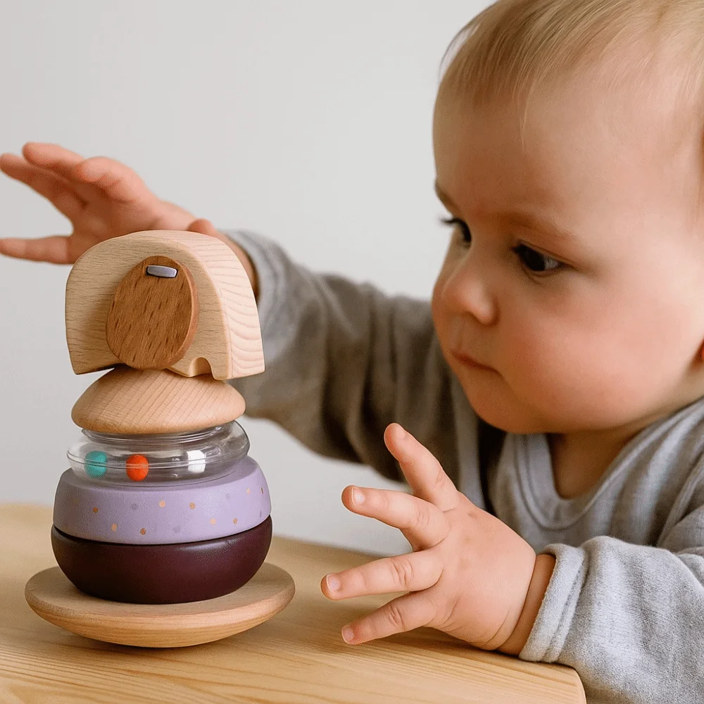 Wooden Baby Pole Stack Stackable Senses Grasp Animal Blocks Educational Toys Puzzle Ferrule Elephant Bell Teething