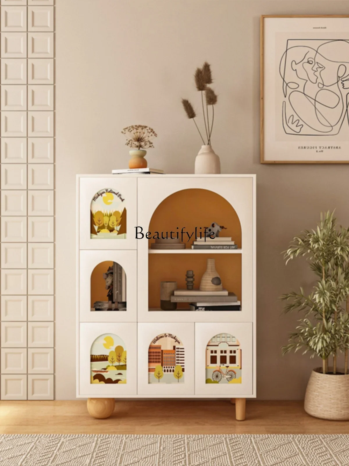 

FG26Cream Style Solid Wood Bedside Cabinet Storage Painted Multi-Functional Integrated Locker