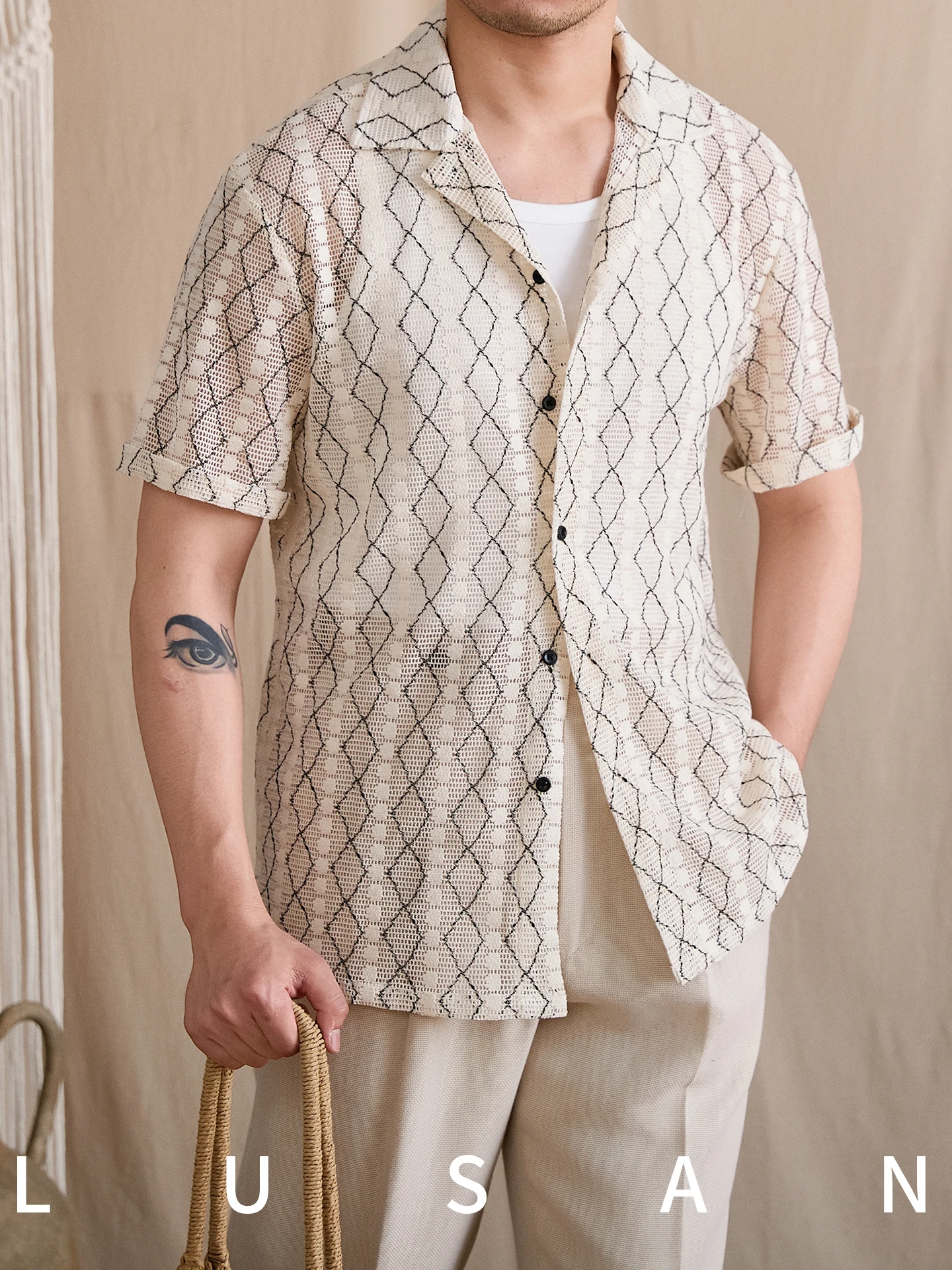High-End Breathable Vacation Seaside Hollow Short Sleeve Cuban Collar Casual Shirt Italian Old Money All-Matching Shirt Men