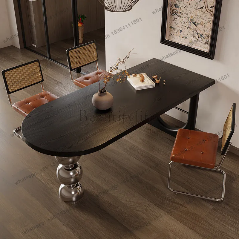 French Bauhaus Mid-Century Solid Wood Dining Table Oval/Semi-Circle Table with Metal Ball Base Vintage Home Furniture