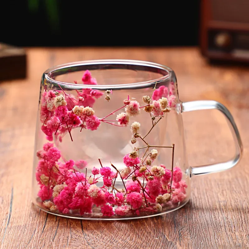 Petal quicksand coffee cup high appearance level dried flower real flower double creative drink milk glass