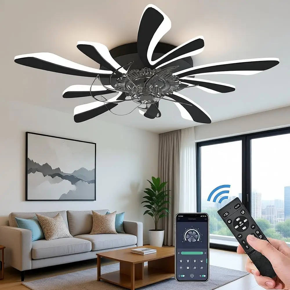 Dimmable Ceiling Fan with Light and Remote Control, 31 Small Mounted Ceiling Fan with LED Lights, APP and Remote Controlled, Bla