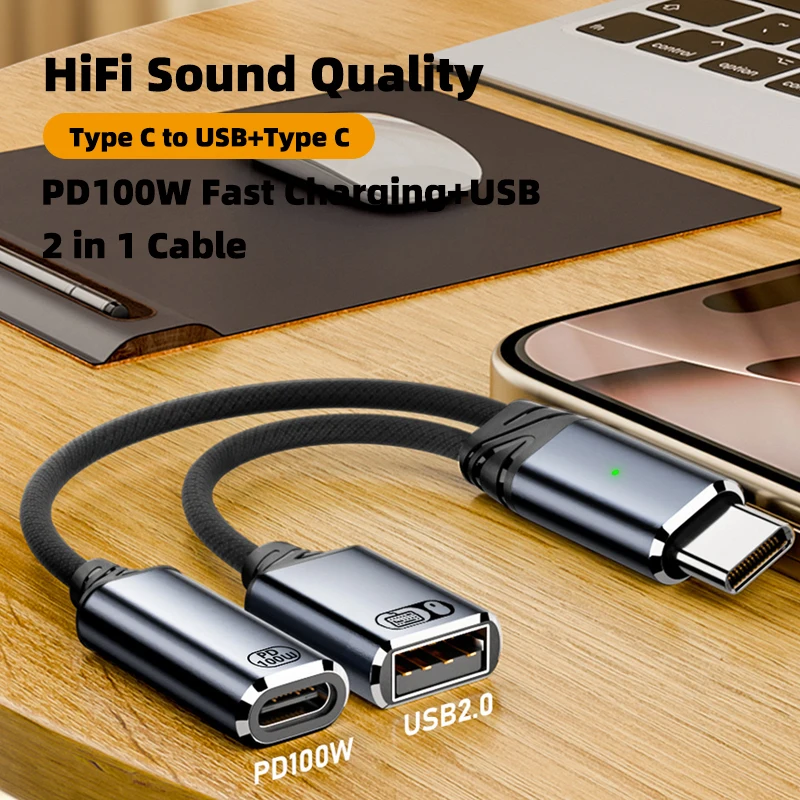 2 in 1 Headphone Adapter Type C to USB C PD100W HiFi Adapter Fast Charging Converter Audio Splitter Cable for Xiaomi Huawei Cord