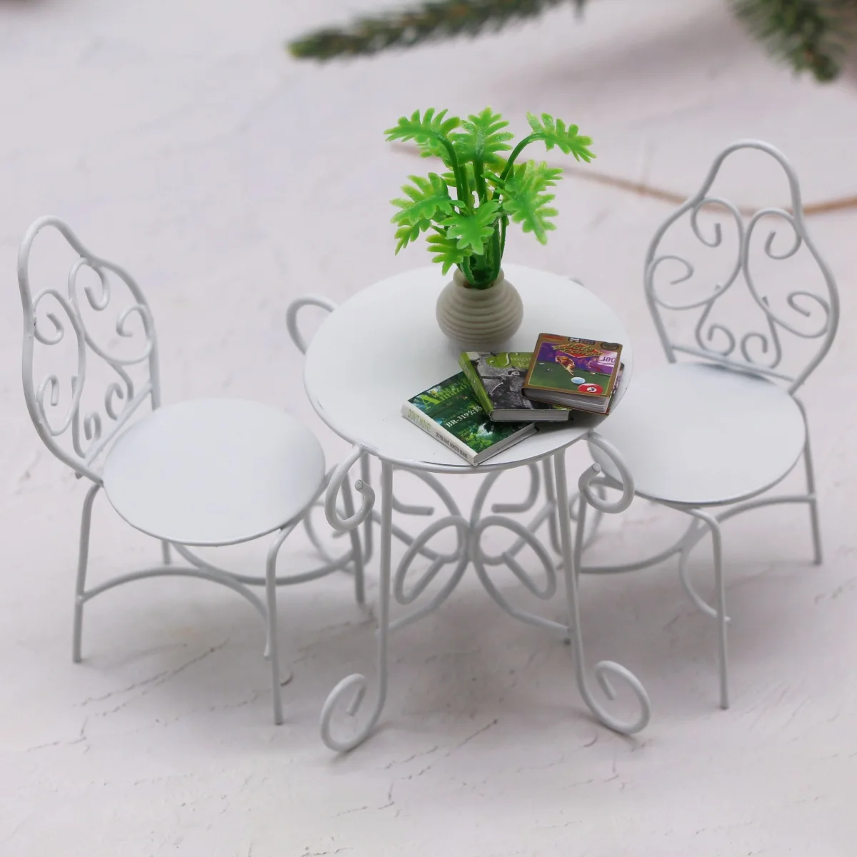 Doll house mini wrought iron outdoor tea table and chair combination BJD miniature garden garden scene props matching model