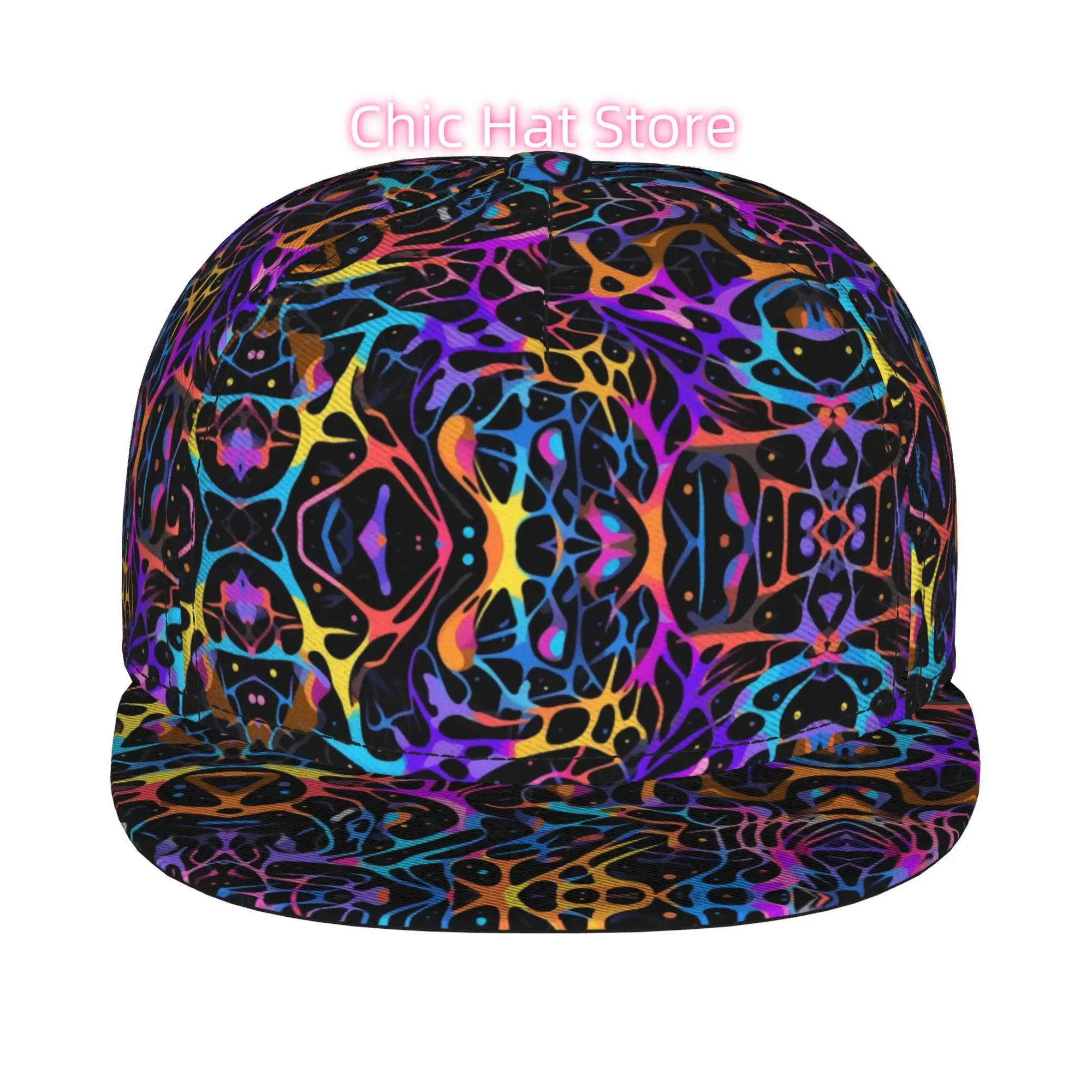 1pc Neon Swirl Trucker - Full-Body Printed Flat-Brim Baseball Hat with Buckle Closure, Lightweight Suitable for Sports, Outdoor,