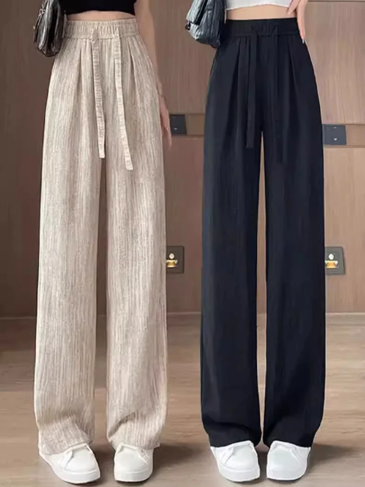 

Ice Silk Wide Leg Pants Women's Summer Thin Casual High Waist Dstring Texture Lazy Sle Floor Length Trousers