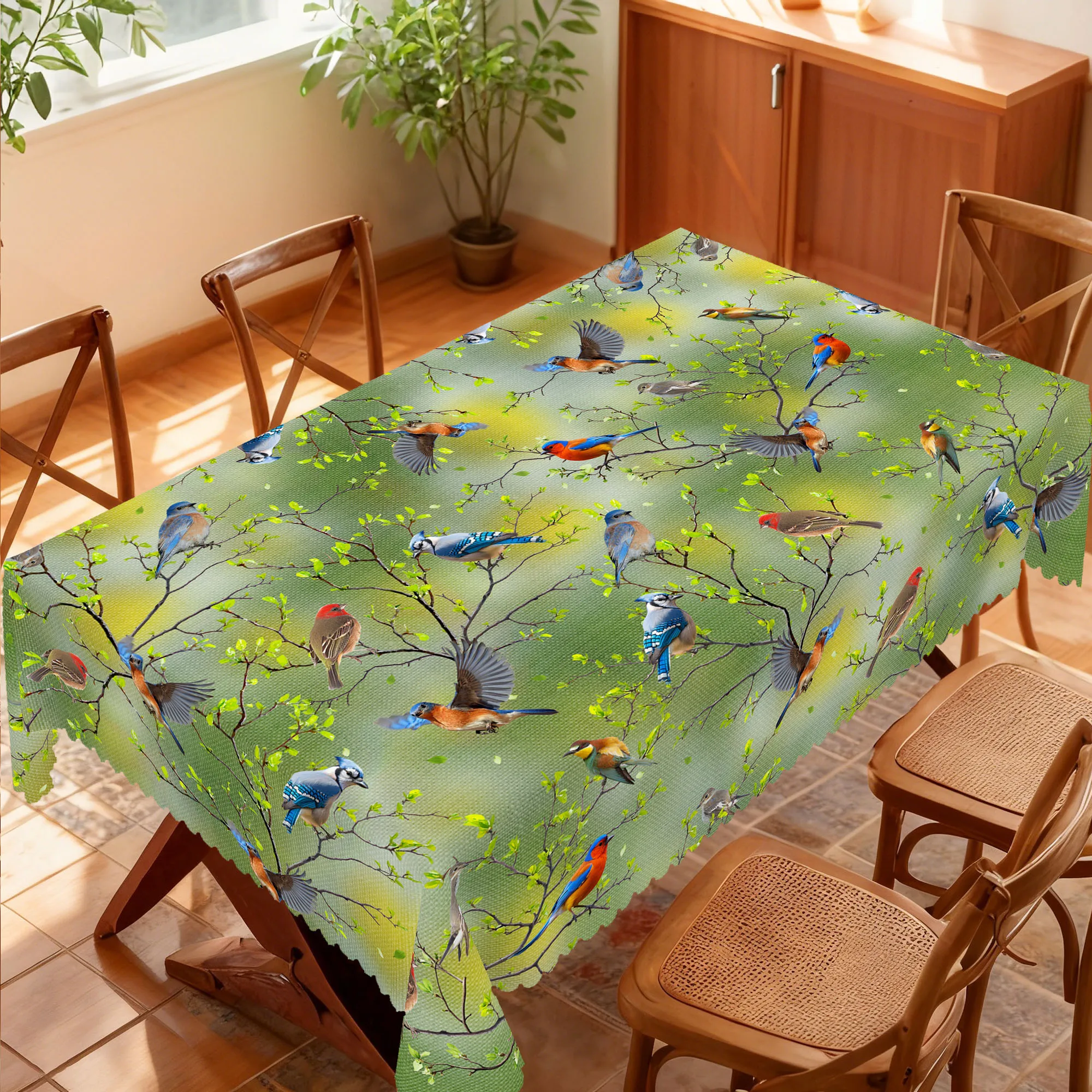 1 Piece of Floral and Bird-Themed Printed Round and Rectangular Tablecloth, Available in Various Sizes, with a Print Featuring Dynamic Birds and Interwoven Sprouting Branches, and Fresh Green Leaves, with Embossed Edges, Suitable for Use on Home Dining Tables, Patio Gardens, Outdoor Picnics, and Other Occasions, for Spring and Summer Home Decor, and for All-Season Home Decoration