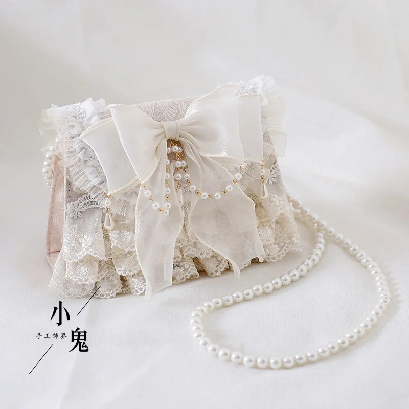 Women Lolita Shoulder Bag Cute Girl Handmade HandBag Bowtie Lace Imitation Pearl Cross Body