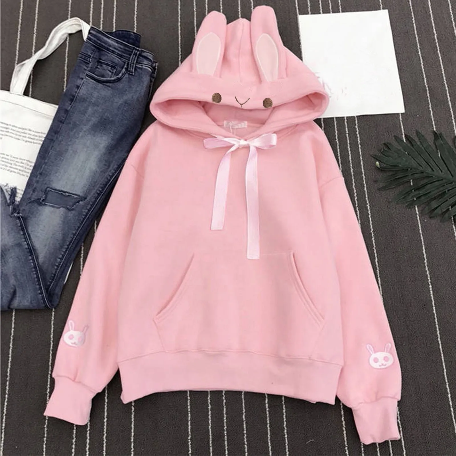 Sudadera con capucha de orejas de conejo Kawaii para mujer, suéter lindo Lolita, sudadera cálida, sudadera holgada informal de gran tamaño, jerséis de conejito, Otoño e Invierno