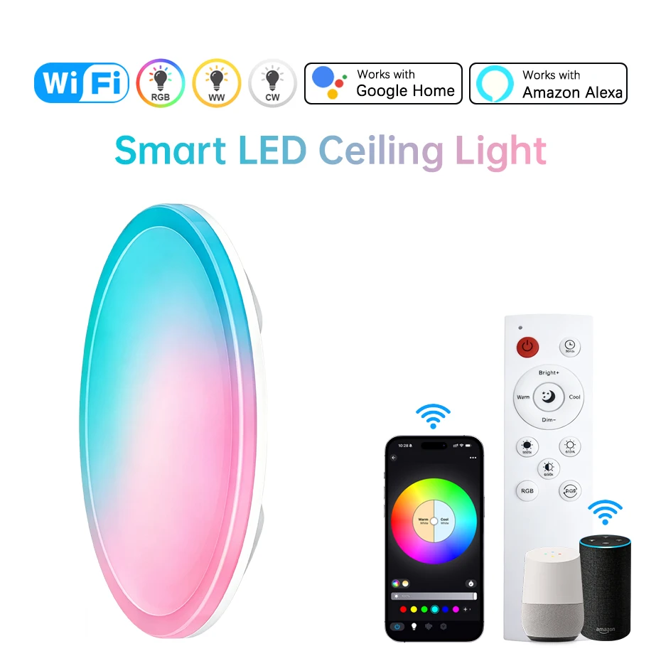 

Умный светодиодный потолочный светильник RGB 24 Вт с дистанционным голосовым управлением, диммируемый, 2700K-6500K, для освещения и декора гостиной