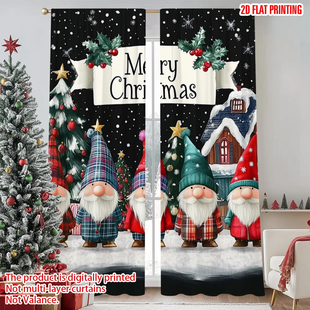 

2pcs 2D flat printing Christmas Party Curtain Christmas trees_ pine trees and gnomes Polyester Without Electricity Family Party