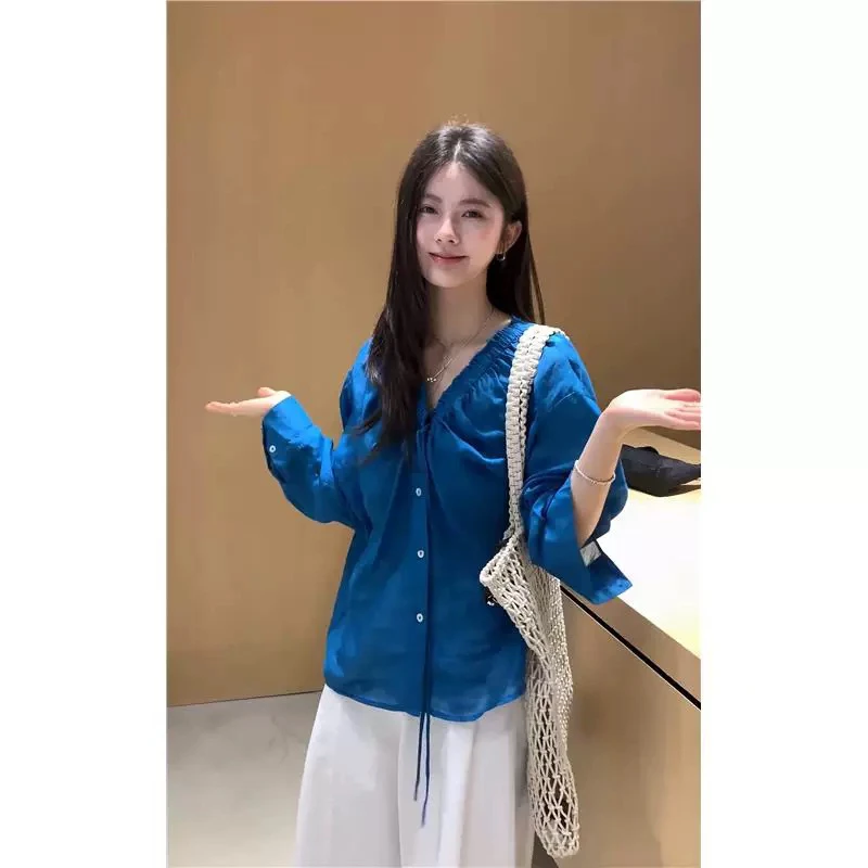 Recomendado 2025 primavera novo retro v-ne tissah seda dstring design longo sve feminino irt confortável solto commute sle