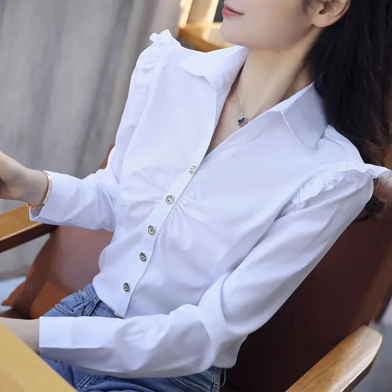 

Spring and Autumn Women's Solid V-neck Loose Fit Button Long Sleeve Backing Shirt Cardigan Fashion Casual Elegant Commuter Tops