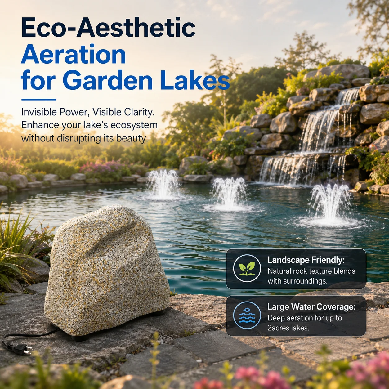 High Flow 86L/min Rock-shaped Pond Aerator With 4 Diffusers Oil Free Piston Compressor For Garden Lake 500W Quiet Pump CE