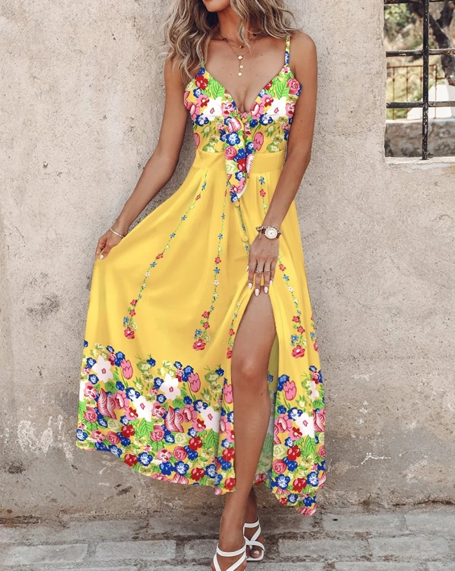 

Summer Boho Floral Long Dress For Women 2024 Fashion Beach Style Sexy V Neck Spaghetti Strap Split Dresses Casual Holiday Dress