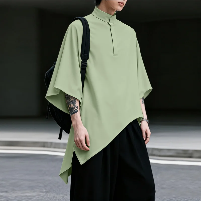 

INCERUN Men Irregular Shirt Solid Color Stand Collar Half Sleeve Male Tops Streetwear Korean Style Fashion Casual Men Clothing