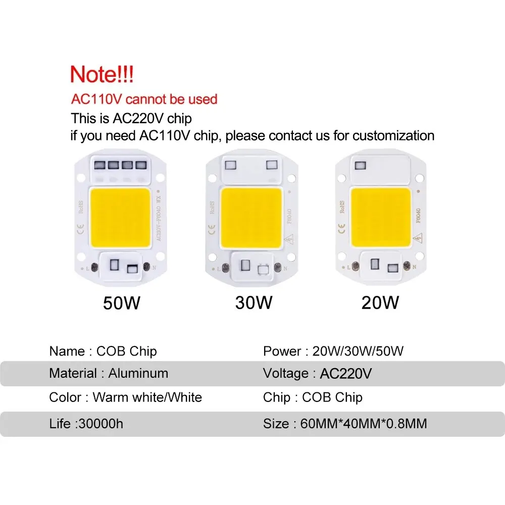 F6040 20W/30W/50W AC 220V COB Module LED Chip Diodes Lamp Bulb for Outdoor Focus Spotlight Garden Integrated Light Beads