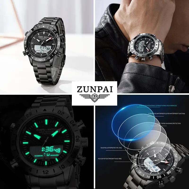 ZUNPAI Original Men\'s Watch Waterproof Stainless Steel Sports Watch Quartz Analog LED Digital Clock Military Top Brand Luxury