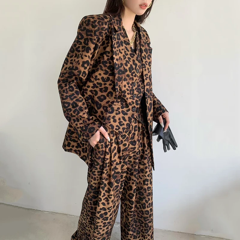 TWOTWINSTYLE Leopard Three Piece Set For Women Notched Collar Long Sleeve Coat V Neck Vest High Waist Pant Casual Sets Female