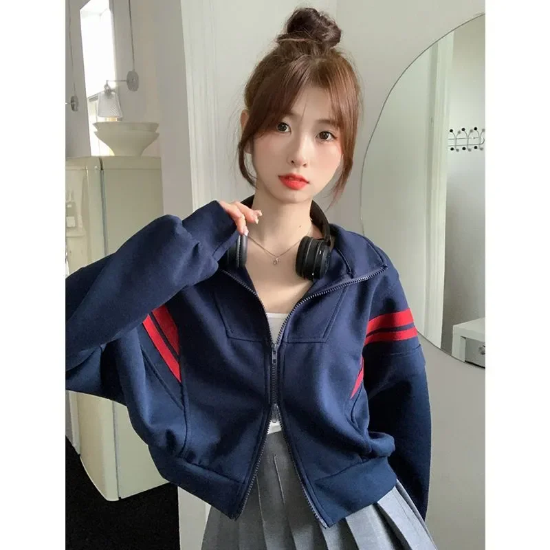 

Women Clothing Spring Autumn Fashion Korean Zipper Color Blocking Stand-up Collar Cardigan Female All-match Long Sleeve Coat Top