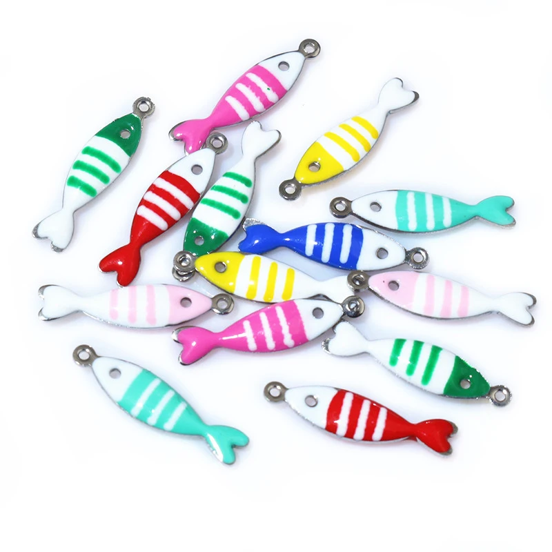 20pcs 18x5mm Enamel Striped Fish Charms Pendant  Stainless Steel DIY Jewelry Making Accessories for Earrings Necklace Keychains