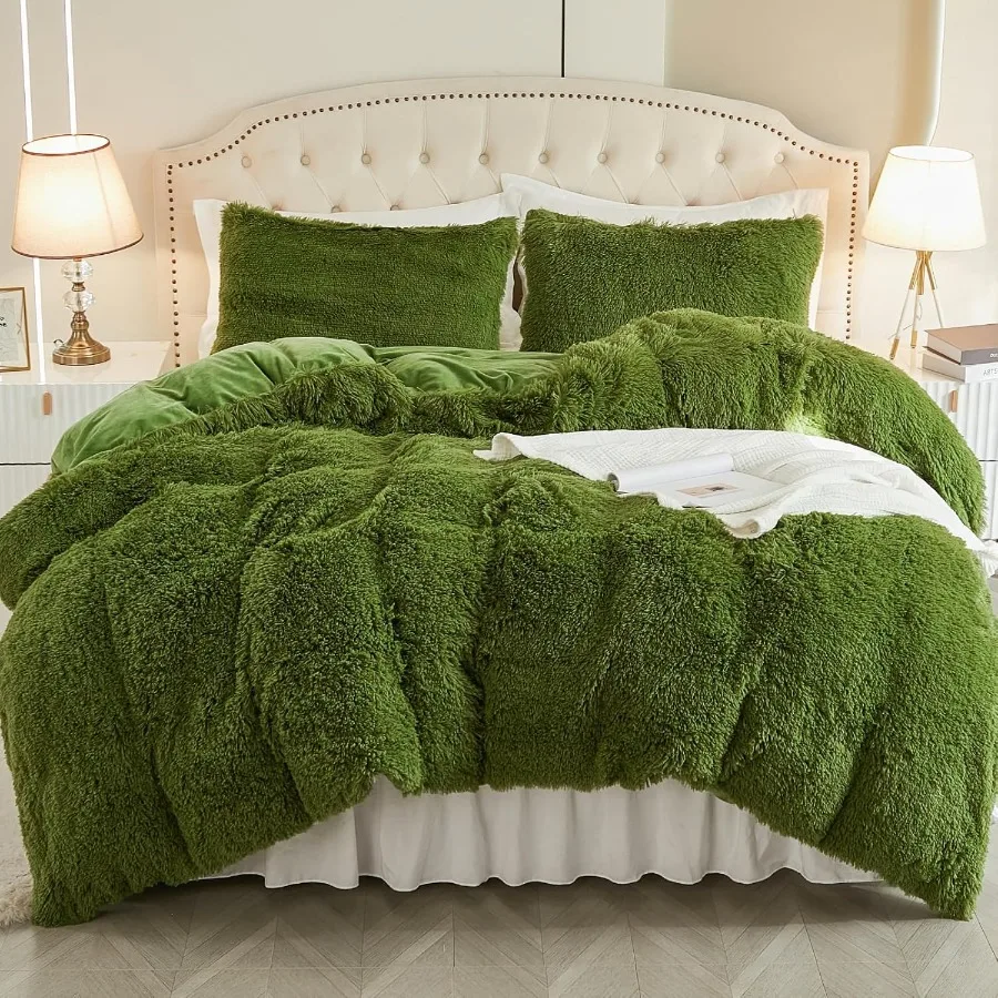 

King Size Luxury Green Fuzzy Duvet Cover Set 3 Pieces Fluffy Shaggy Plush Soft Bedding Comforter Cover in Green for King Bed