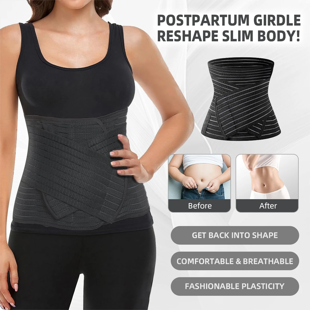 Bamboo Fiber Postpartum Belly Wrap Girdle Band, Postpartum Corset Waist Belt, Postnatal Shapewear Tummy Cinch,Black/Gray