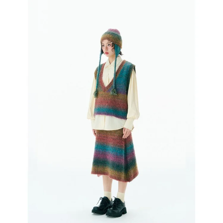 Korobov Y2k Rainbow Stripe Sleeveless Vneck Vest Knit Half Skirt Gradients Color Female Two Piece Set Vintage Fall Outfits Women