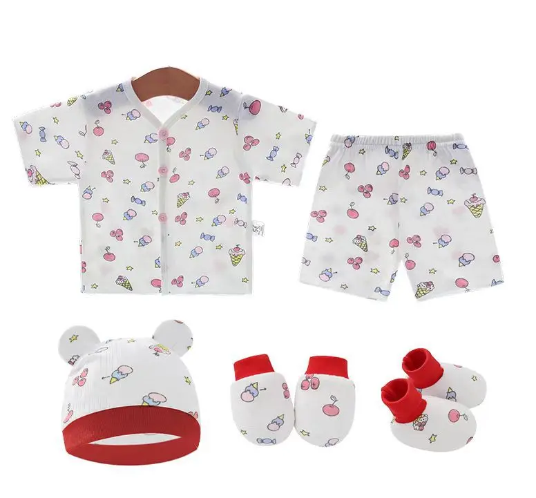 0-6 Month Cotton Newborn Clothes Set  Tops Pants Hat Gloves Socks Summer Outfit Infant Baby Clothing New Born Accessories