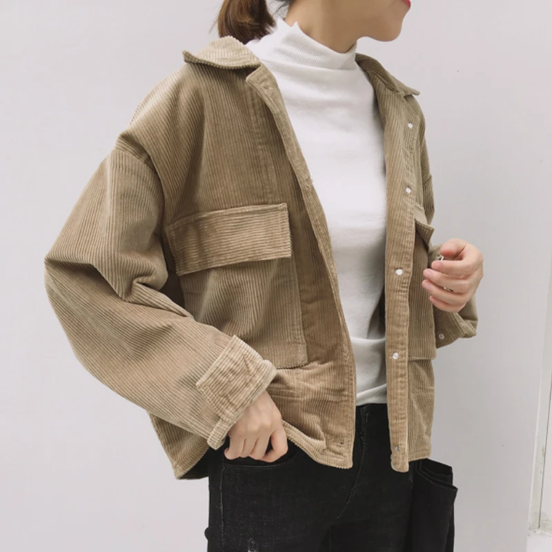 Basic Jackets Women Trendy Retro Solid Khaki Corduroy Spring Short All-match Femme Outerwear Chic Elegant Minimalist Black Tops