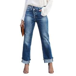 High Waist Button Splicing Straight Jeans Women Fashion Urban Casual Commuter Denim Pants Ladies Broken Holes Trousers Washable