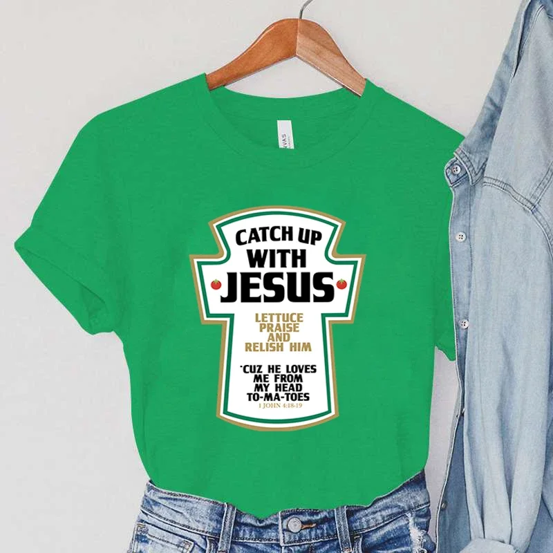 Catch Up with Jesus Women T-Shirts Vintage Bible Verses Female Tops Harajuku Christian Parody Short Sleeve Women\'s Clothing