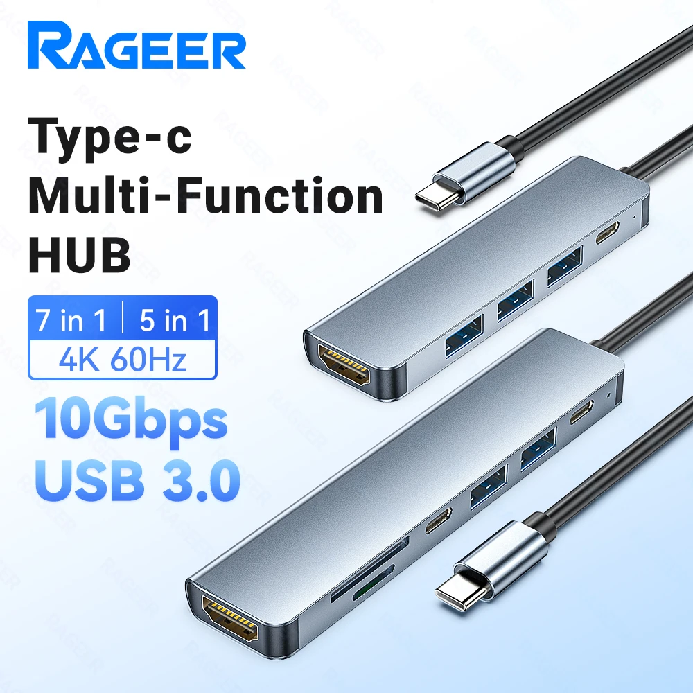 RAGEER 7 in 1 10Gbps USB3.0 HUB USB C HUB TYPE-C to 5 USB PD TYPE C Adapter Fast Speed Transmission USB C Docking Station For PC