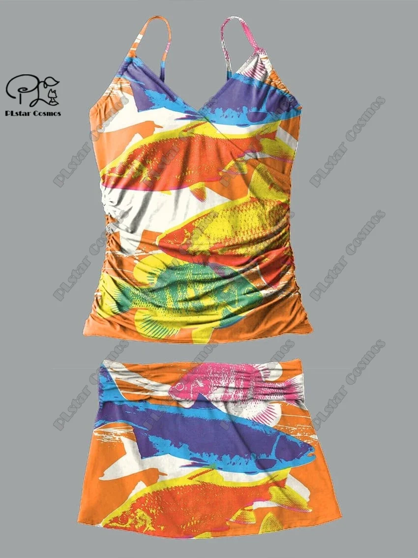 Frauen V-Ausschnitt Sommer kleine frische Blumen fisch Print Hosenträger Rock Stil zweiteiligen Badeanzug Anzug Urlaub neue Badeanzug Y-5