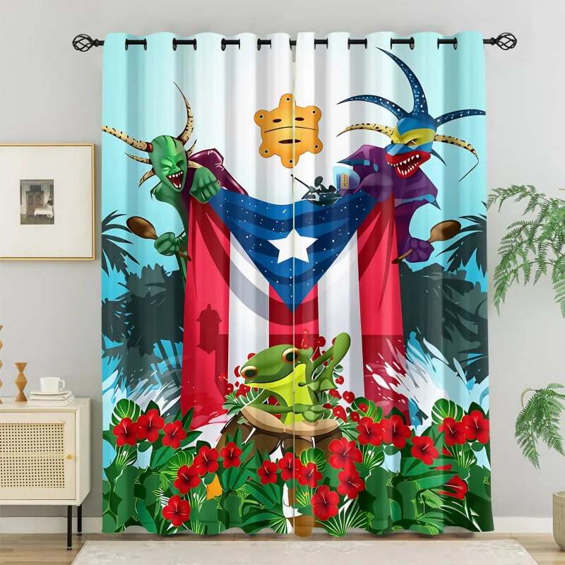 Puerto Rico Carnival Vejigante Curtains Blackout Thermal Insulated Coqui Frog Red Hibiscus Taino Symbol Flag Print Window Drapes