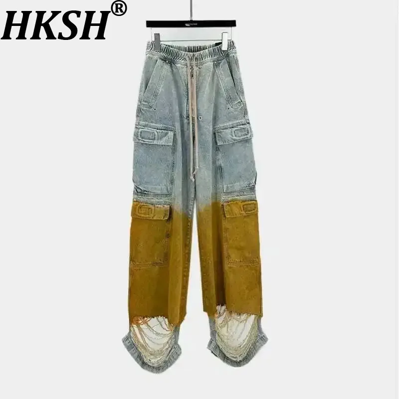 

Мужские джинсовые комбинезоны HKSH, осенняя новинка, в стиле панк, темно-синие, с цветными вставками, с необработанным краем, повседневные, в стиле сафари, с градиентом, широкие штанины, модель HK3411