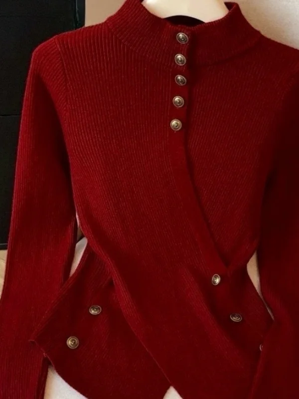 

Korean Sle Casual Beautiful Women's Knitwear Button Design Asymmetric Winter New Arrival Versatile ort Sve Long Coat